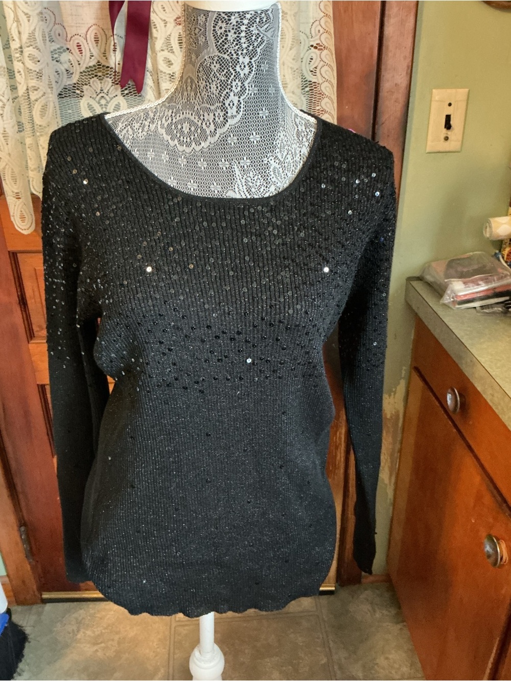 Lauren Michelle Black Sequin Scoop Neck Sweater